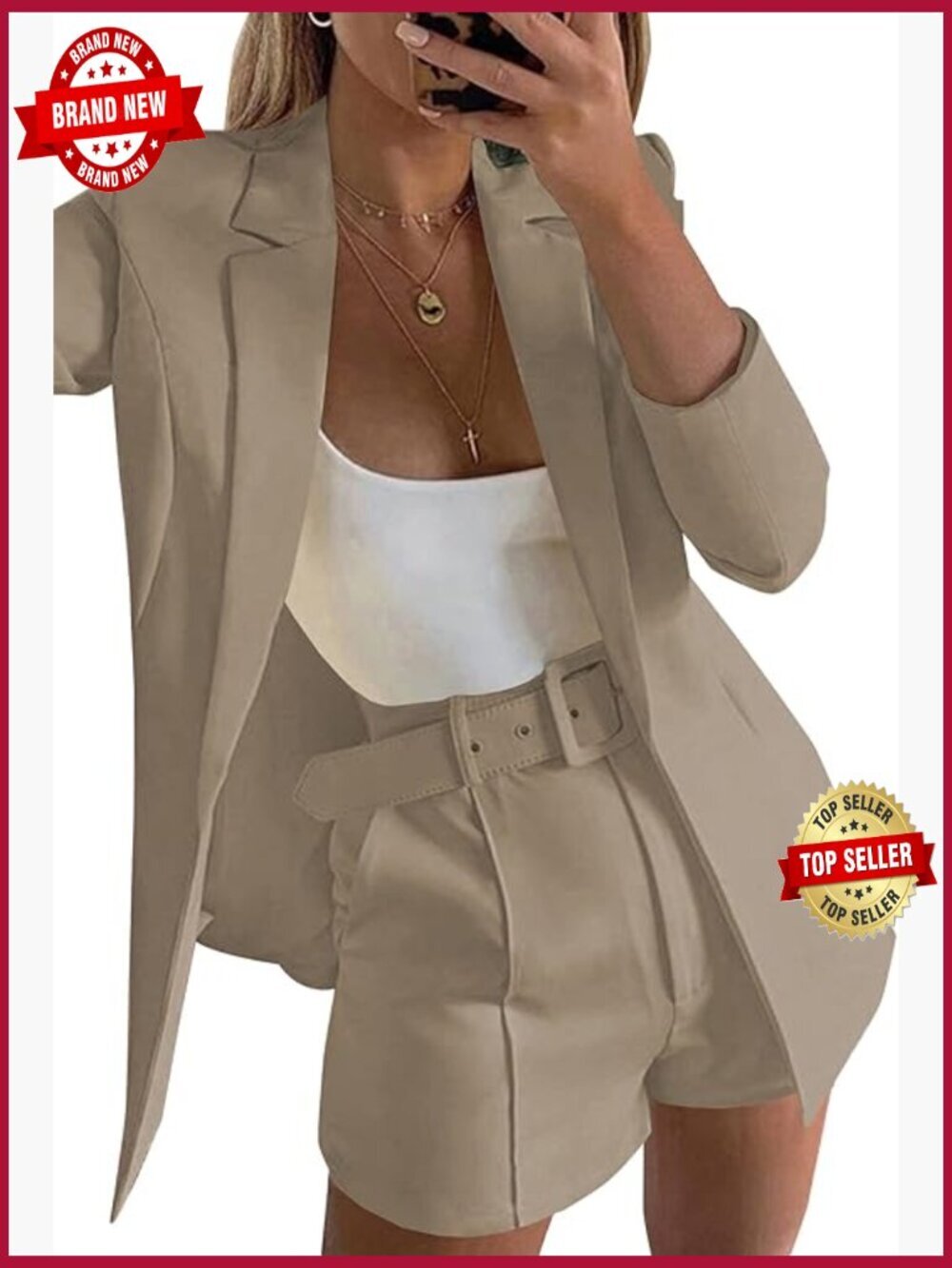 Blazer Shorts Set for Women 2 Piece Long Sleeve Open Front Business Suit with
